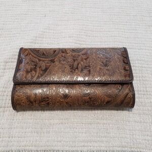 Relic Faux Leather Tooled Trifold Checkbook Wallet  Clutch Western Boho Brown